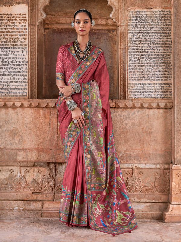 uxury Red Silk Saree for Wedding & Festival | Designer Printed Saree with Matching Red Blouse