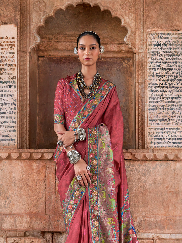 Luxury Red Silk Saree for Wedding & Festival | Designer Printed Saree with Matching Red Blouse