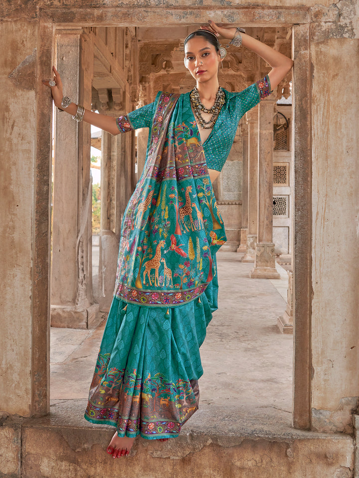 Luxury Green Silk Saree for Wedding & Festival Wear | Designer Printed Silk Saree with Blouse