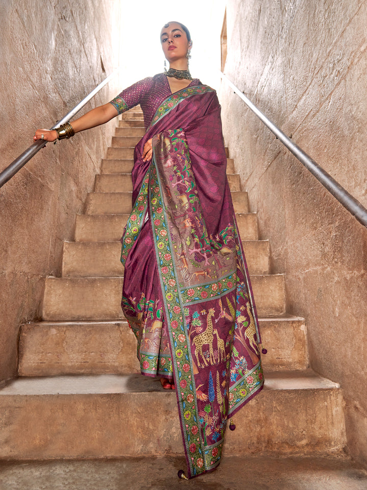 Designer Purple Silk Saree for Wedding & Festival | Luxury Print Silk Saree with Blouse