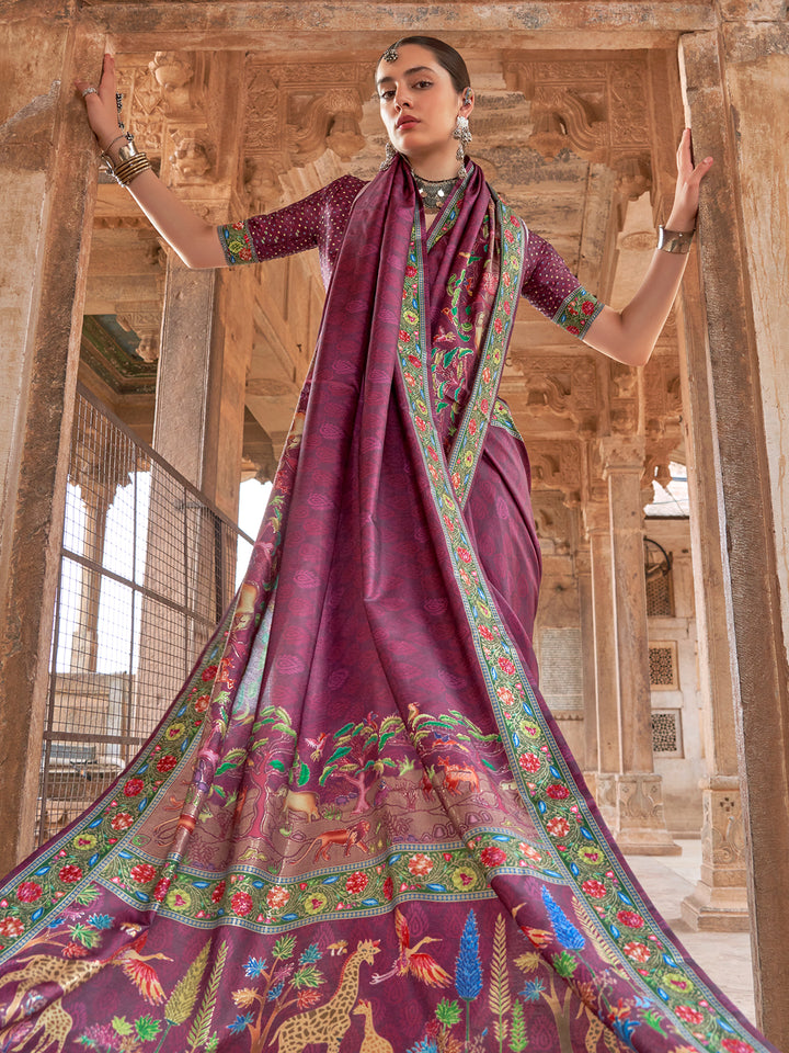 Designer Purple Silk Saree for Wedding & Festival | Luxury Print Silk Saree with Blouse