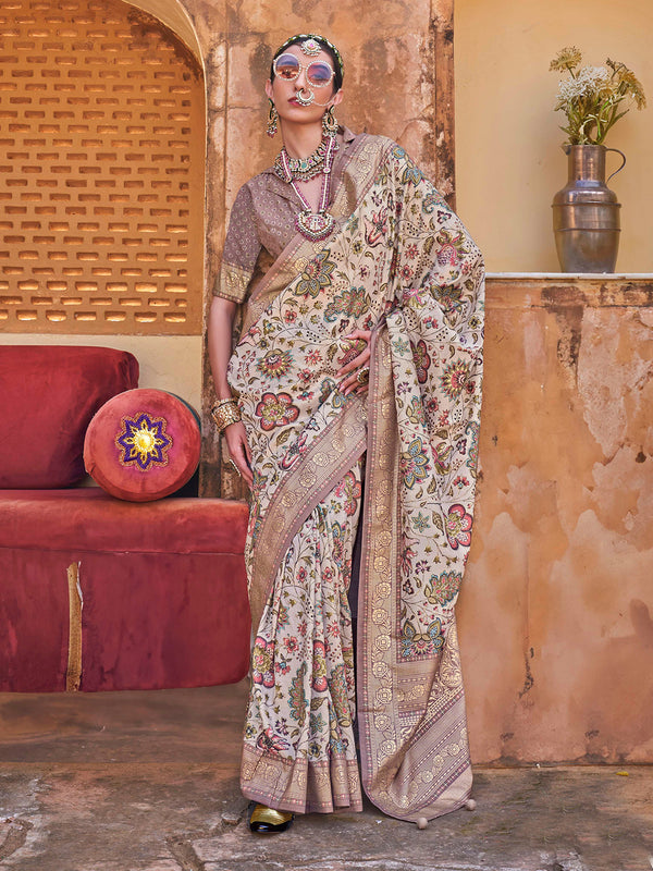 Off-White Floral Silk Saree for Festival Wear with Brown Silk Blouse – Elegant Silk Saree with Printed Pallu & Border