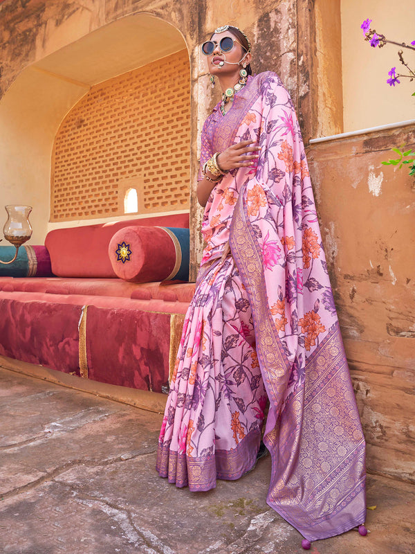 Pink Silk Saree for Women with Floral Print Pallu & Border – Festival Wear
