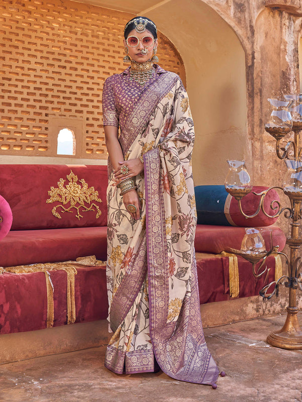 Cream Floral Print Silk Saree with Brown Blouse for Festive Wear | Designer Festival Saree