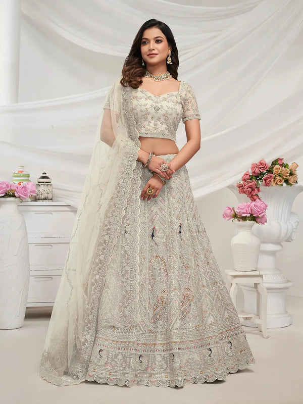 Ivory Peacock Embroidered Lehenga Set for Bridal Wedding Wear