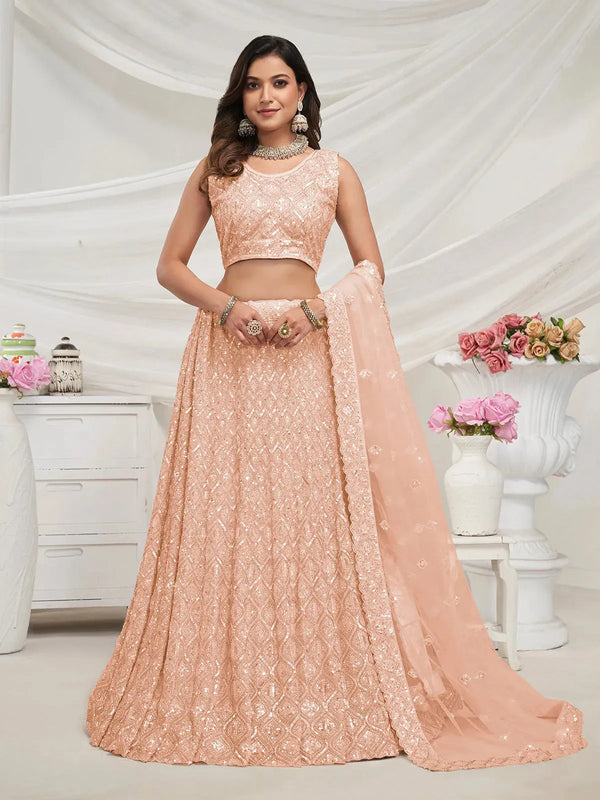 Peach Sequin Lehenga Set with Net Dupatta for Bridal Wedding Wear