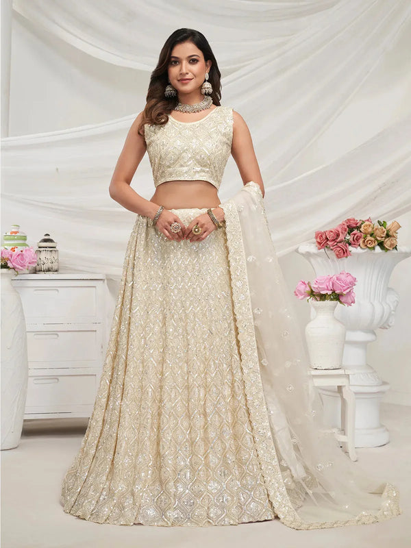 Ivory Sequin Lehenga Set with Net Dupatta for Bridal Wedding Wear