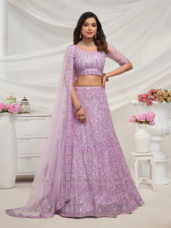 Mauve White Lehenga with Diamond Patterns & Sequins Work for Bridal Wedding Wear