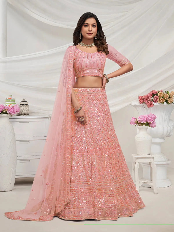 Peach Lehenga with Diamond Patterns & Sequins Work for Bridal Wedding Wear