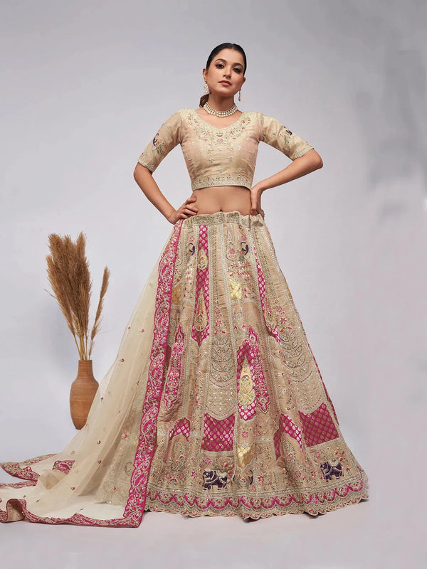 Ivory Lehenga Choli in Organza Silk with Embroidered for Bridal Wedding Wear