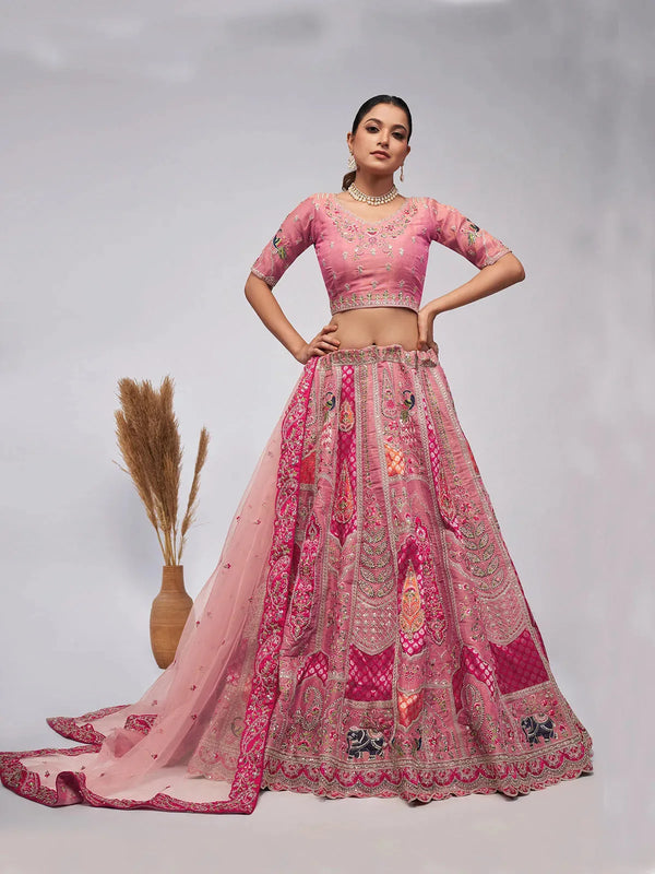 Pink Lehenga Choli in Organza Silk with Embroidered for Bridal Wedding Wear