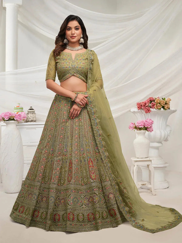 Green Paisley Patterned Lehenga Choli with Sequin work for Bridal Wedding Wear