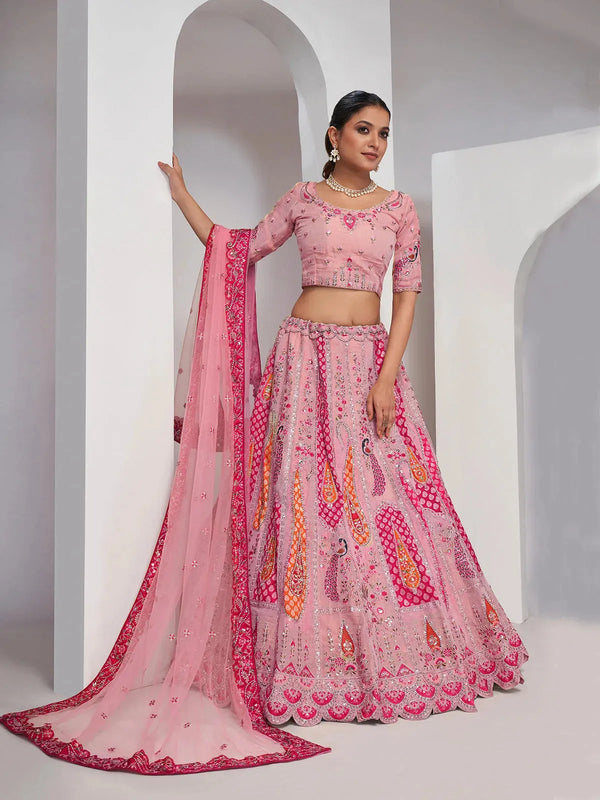 Pink Lehenga Choli with Paisley and Peacock Motifs for Bridal Wedding Wear