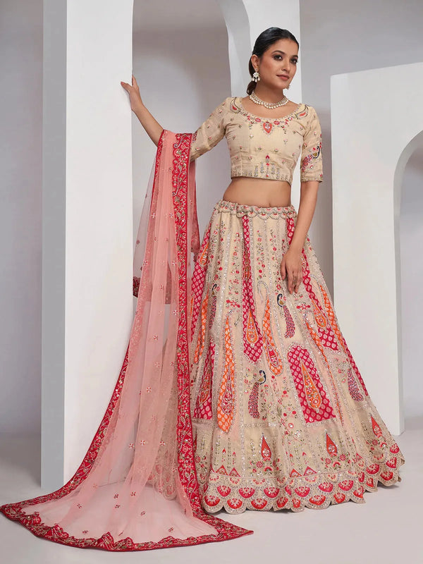 Ivory Pink Lehenga Choli with Paisley and Peacock Motifs for Bridal Wedding Wear