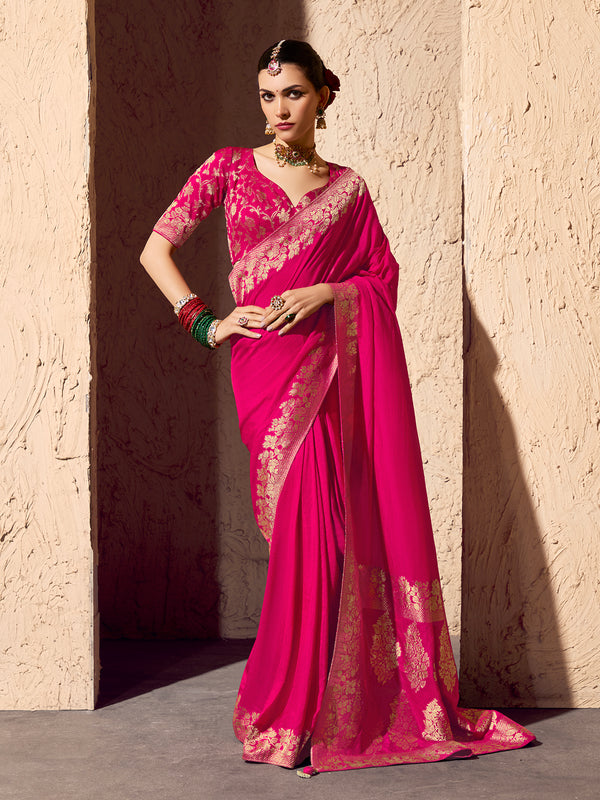 Pink Crepe Georgette Saree with Zari Weaving | Festive & Wedding Wear Sari