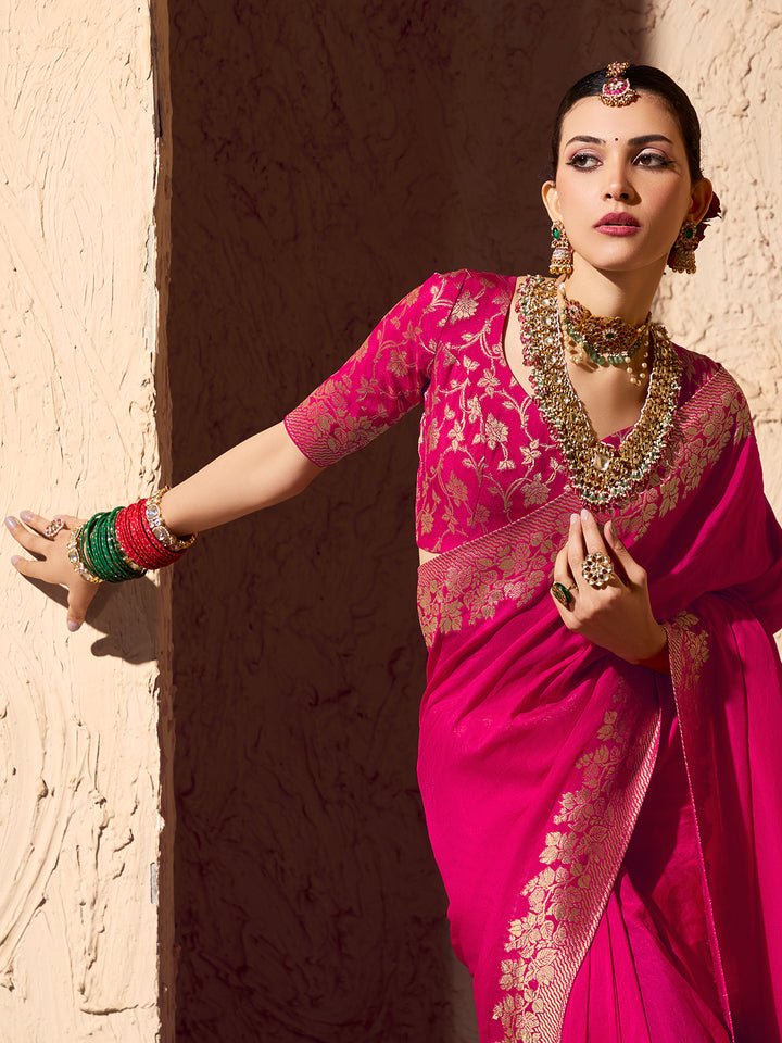 Pink Crepe Georgette Saree with Zari Weaving | Festive & Wedding Wear Sari