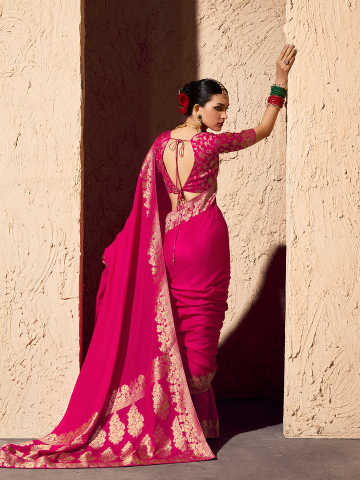 Pink Crepe Georgette Saree with Zari Weaving | Festive & Wedding Wear Sari