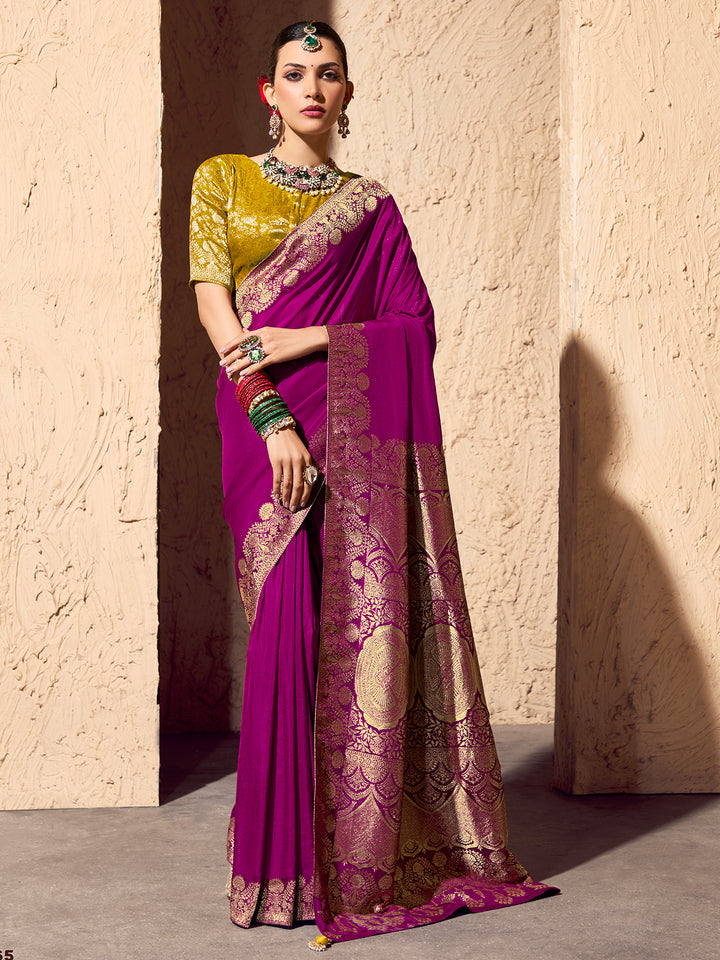 Purple Crepe Georgette Saree with Zari Weaving | Festive & Wedding Wear Saree | Contrast Mustard Blouse