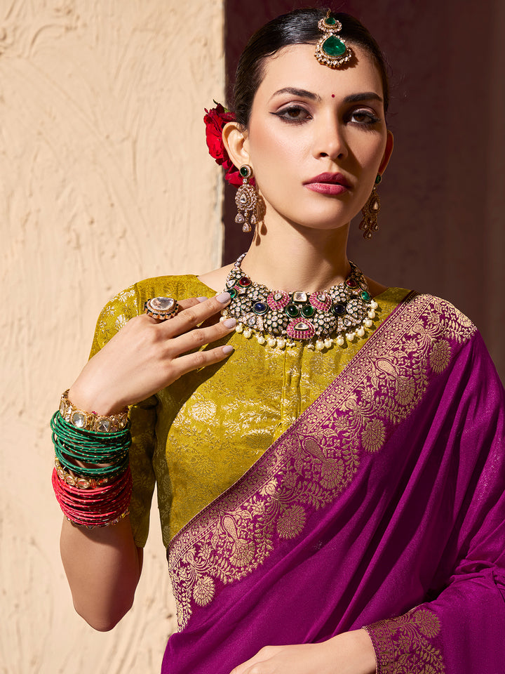 Purple Crepe Georgette Saree with Zari Weaving | Festive & Wedding Wear Saree | Contrast Mustard Blouse