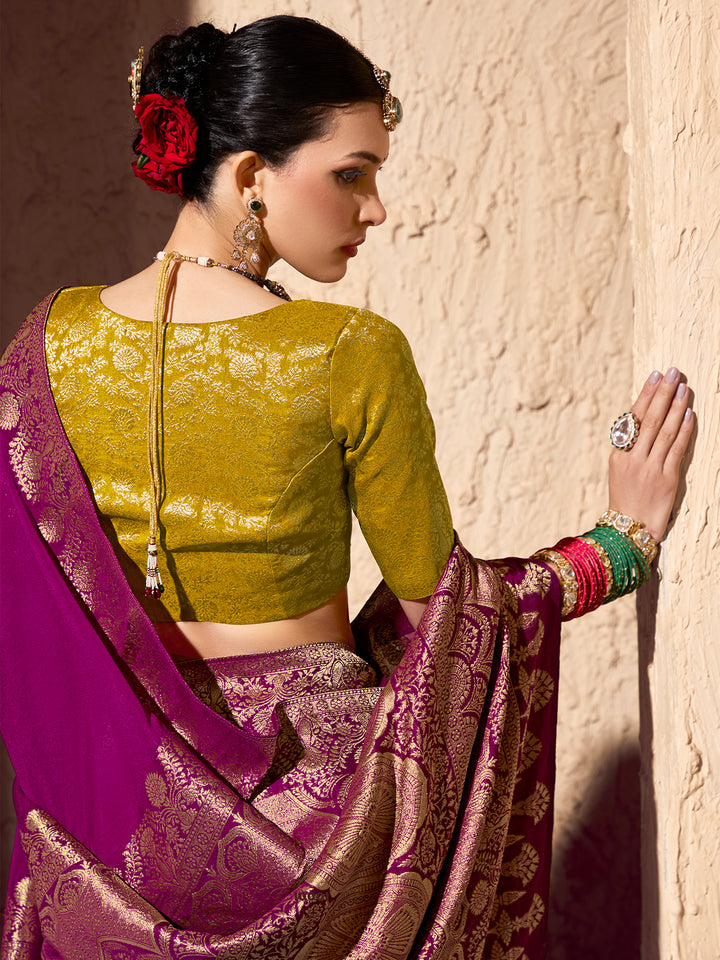Purple Crepe Georgette Saree with Zari Weaving | Festive & Wedding Wear Saree | Contrast Mustard Blouse