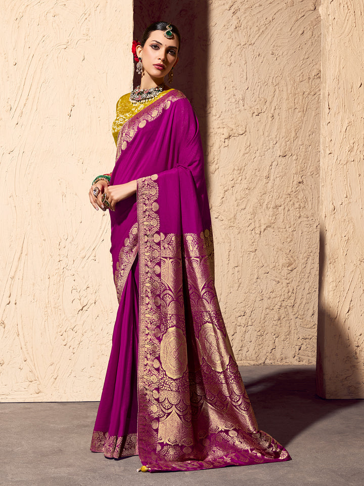 Purple Crepe Georgette Saree with Zari Weaving | Festive & Wedding Wear Saree | Contrast Mustard Blouse