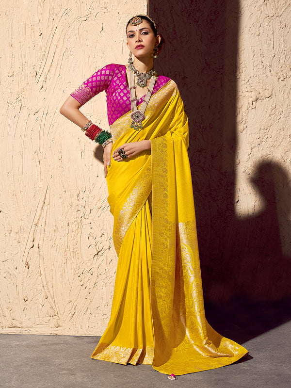 Yellow Crepe Georgette Zari Weaving Saree with Rani Pink Blouse | Festive & Wedding Wear