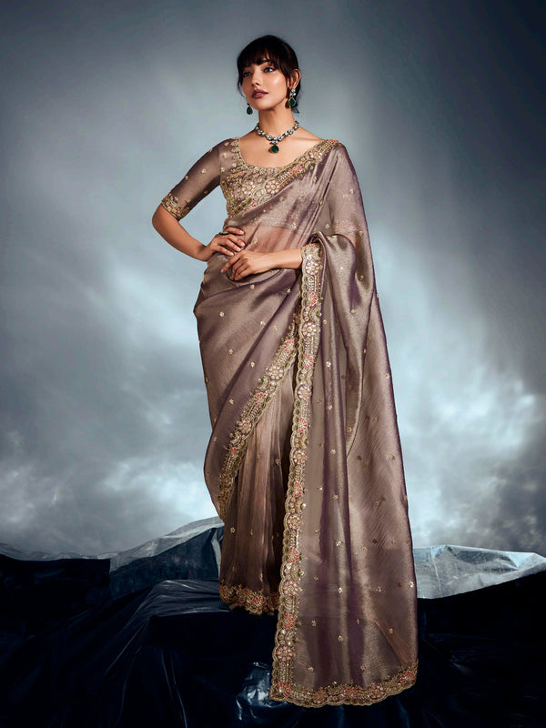 Brown Tissue Organza Saree with Moti, Cutdana & Sequins Work | Designer Party Wear Saree with Heavy Blouse