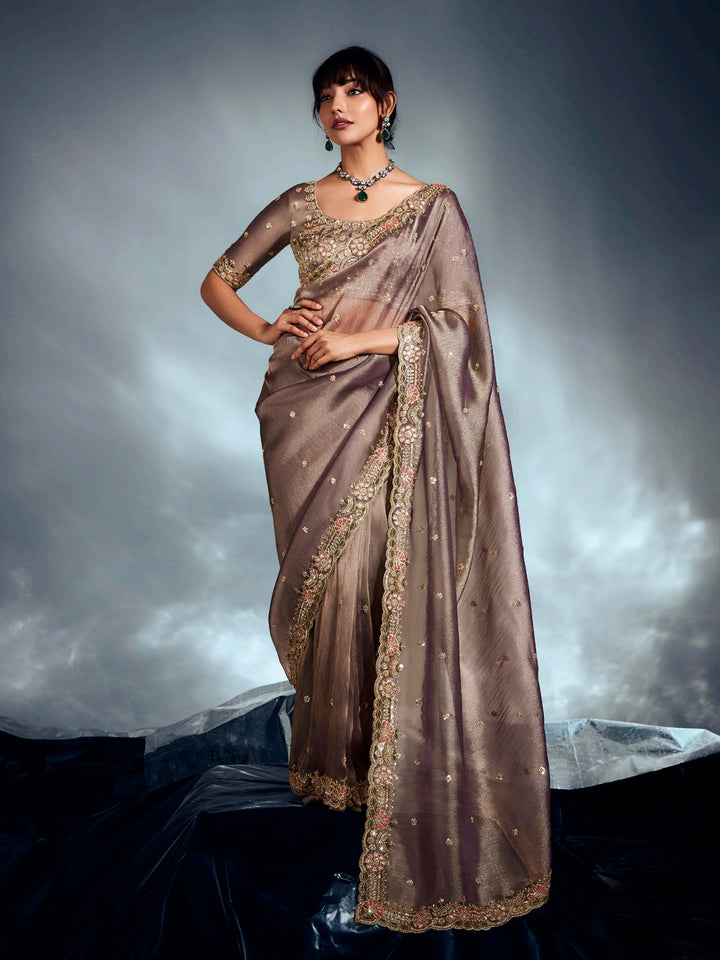 Brown Tissue Organza Saree with Moti, Cutdana & Sequins Work | Designer Party Wear Saree with Heavy Blouse