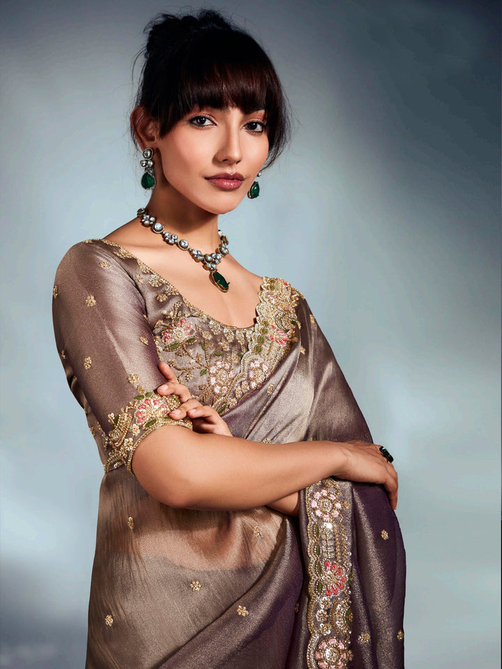 Brown Tissue Organza Saree with Moti, Cutdana & Sequins Work | Designer Party Wear Saree with Heavy Blouse