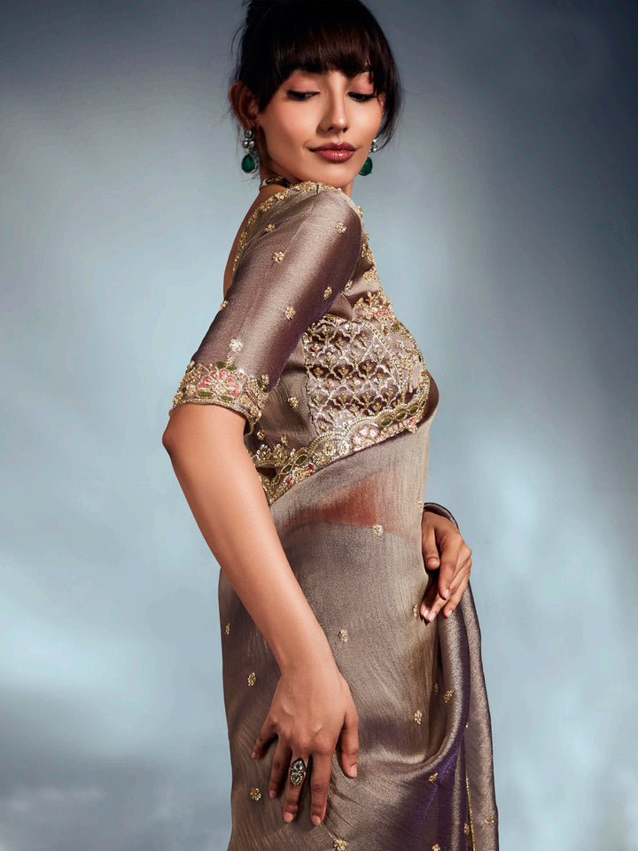 Brown Tissue Organza Saree with Moti, Cutdana & Sequins Work | Designer Party Wear Saree with Heavy Blouse