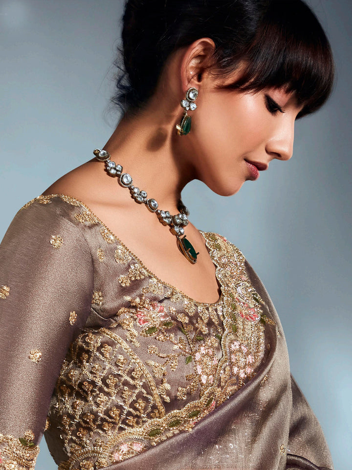 Brown Tissue Organza Saree with Moti, Cutdana & Sequins Work | Designer Party Wear Saree with Heavy Blouse