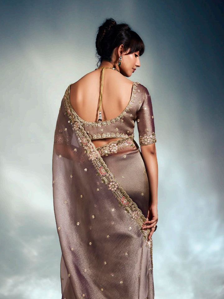 Brown Tissue Organza Saree with Moti, Cutdana & Sequins Work | Designer Party Wear Saree with Heavy Blouse