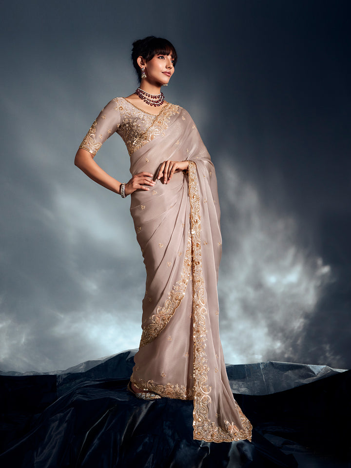 Beige Tissue Organza Saree with Moti, Cutdana & Sequins Work | Designer Party & Cocktail Wear Saree with Heavy Work Blouse