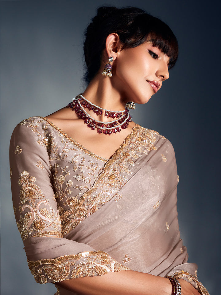 Beige Tissue Organza Saree with Moti, Cutdana & Sequins Work | Designer Party & Cocktail Wear Saree with Heavy Work Blouse