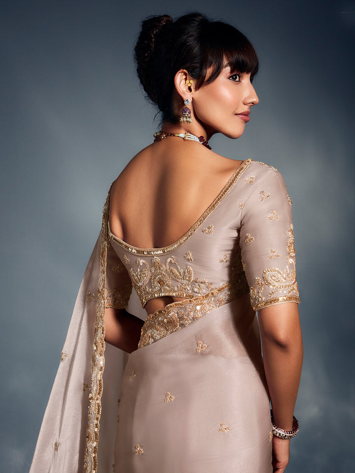 Beige Tissue Organza Saree with Moti, Cutdana & Sequins Work | Designer Party & Cocktail Wear Saree with Heavy Work Blouse