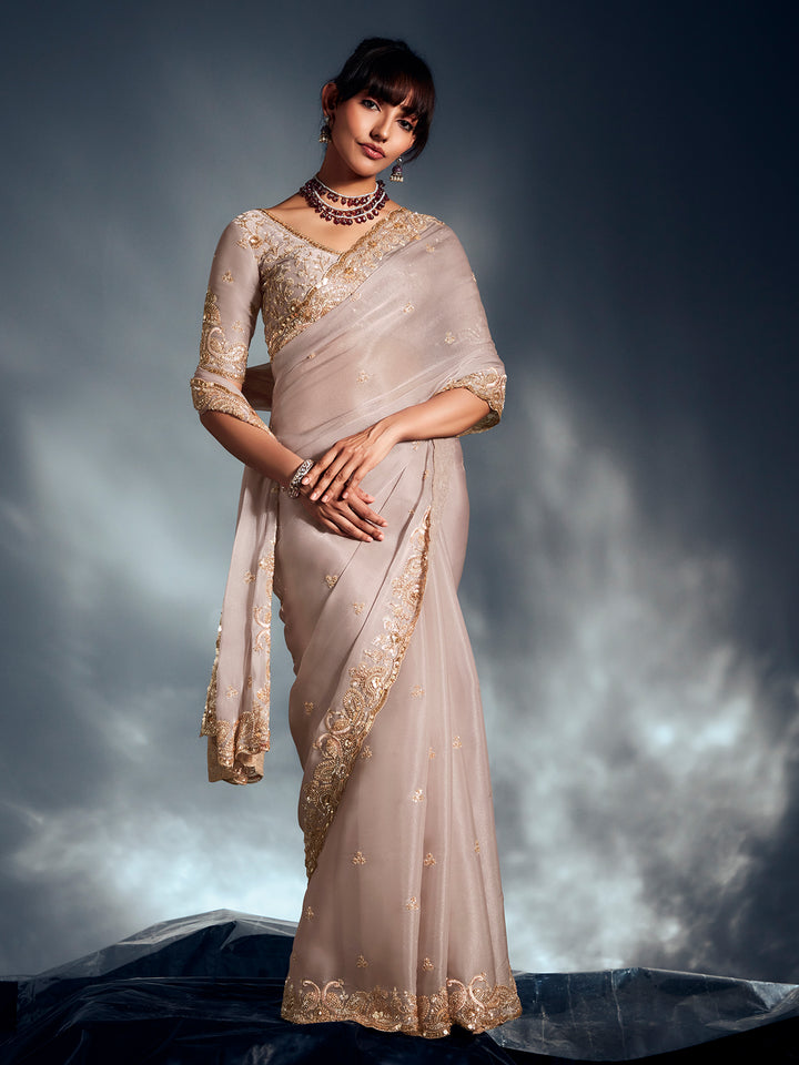 Beige Tissue Organza Saree with Moti, Cutdana & Sequins Work | Designer Party & Cocktail Wear Saree with Heavy Work Blouse