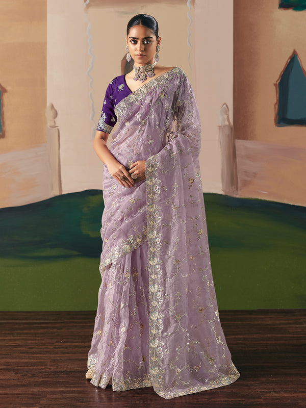 Lavender Designer Saree with Embroidery, Sequins & Stone Work