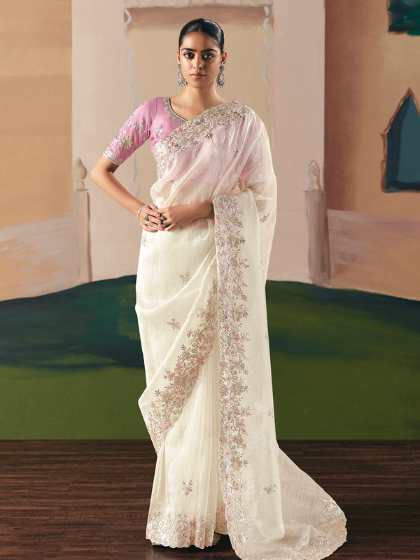 White Embroidered Party Wear Saree with Pink Blouse