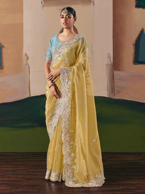 Yellow Designer Embroidered Saree with Sky Blue Blouse for Wedding & Party Wear