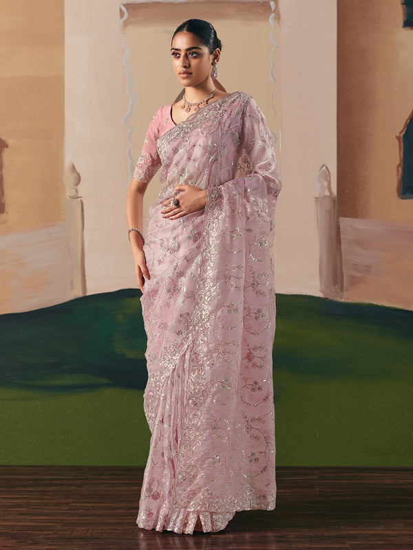 Light Pink Designer Embroidered Saree with Sequins & Stone Work