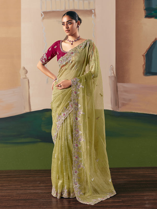 Green Designer Saree with Maroon Blouse – Fancy Embroidered Party Wear Saree with Sequins & Stone Work