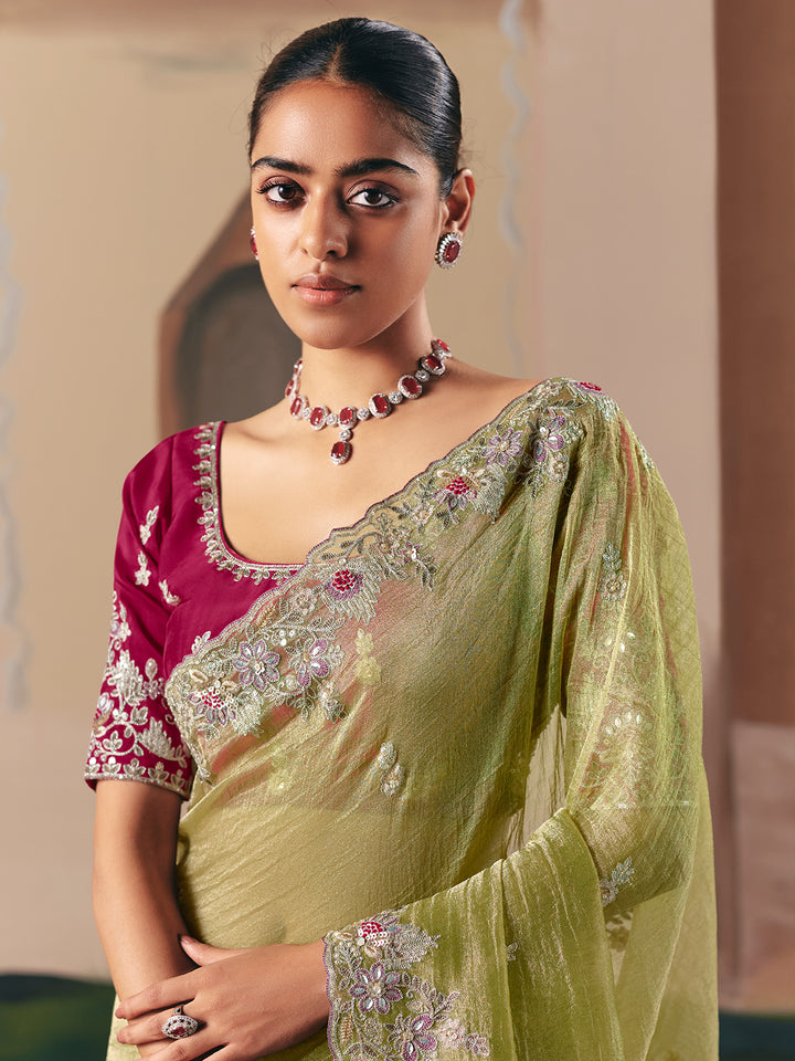Green Designer Saree with Maroon Blouse – Fancy Embroidered Party Wear Saree with Sequins & Stone Work