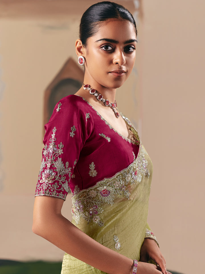 Green Designer Saree with Maroon Blouse – Fancy Embroidered Party Wear Saree with Sequins & Stone Work
