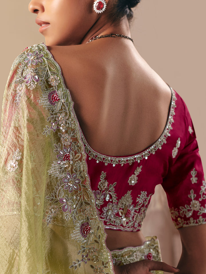 Green Designer Saree with Maroon Blouse – Fancy Embroidered Party Wear Saree with Sequins & Stone Work