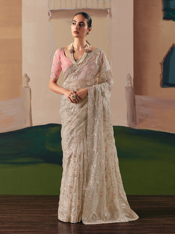 Party Wear Beige Saree with Designer Embroidery, Sequins & Stone Work – Fancy Fabric with Light Pink Blouse for Wedding & Festive Wear