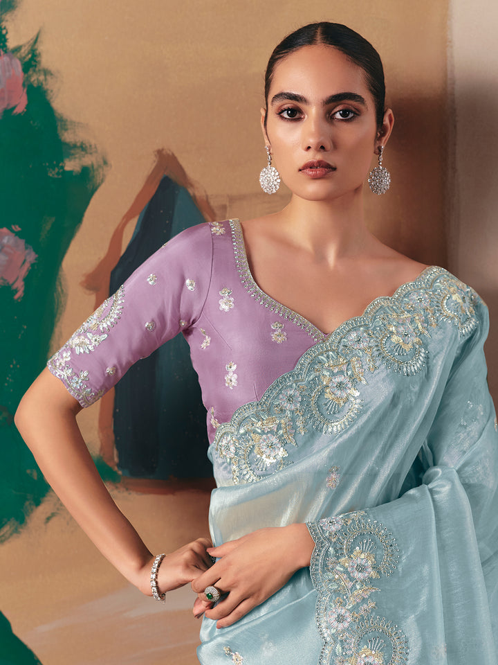 Sky Blue Party Wear Embroidered Saree with Lavender Blouse – Designer Festive Wedding Wear