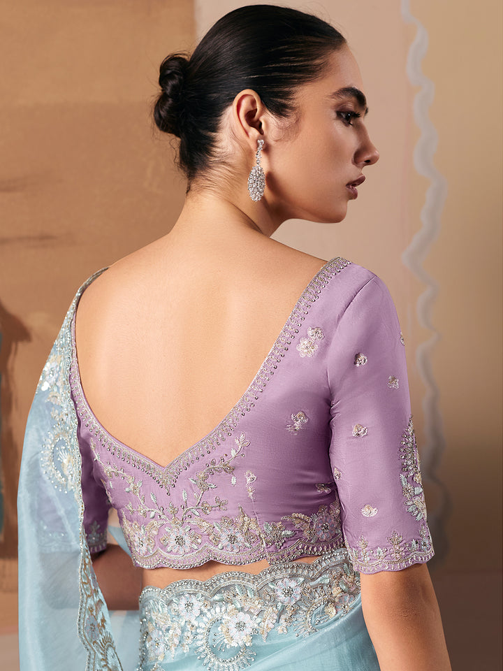 Sky Blue Party Wear Embroidered Saree with Lavender Blouse – Designer Festive Wedding Wear