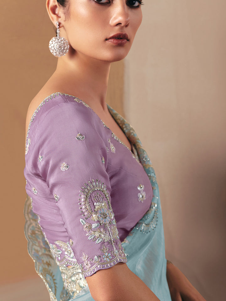 Sky Blue Party Wear Embroidered Saree with Lavender Blouse – Designer Festive Wedding Wear