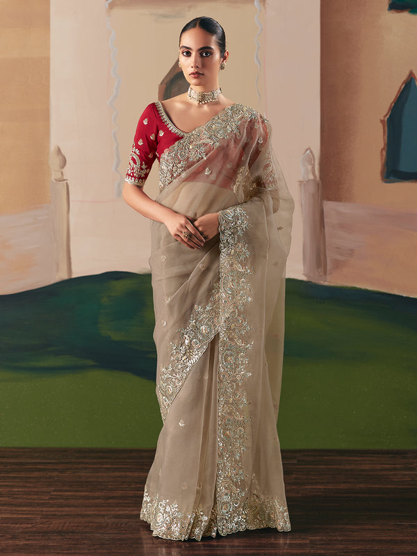 Beige Designer Saree with Embroidery, Sequins & Stone Work