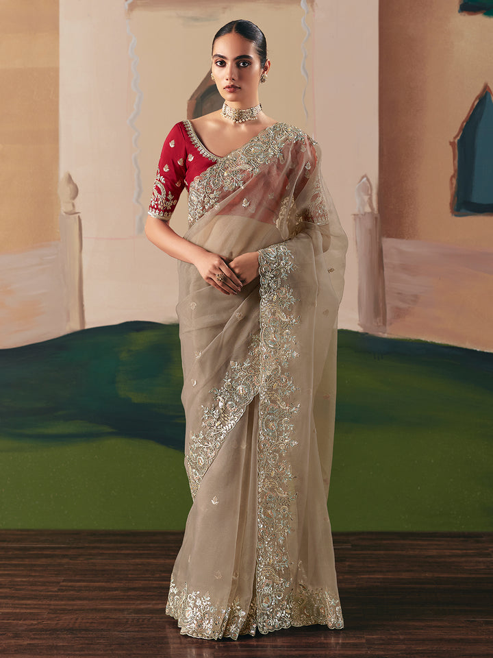 Beige Designer Saree with Embroidery, Sequins & Stone Work